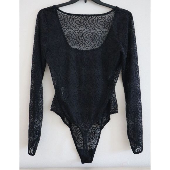 Intimately Free People Women's Sz L Black In My Head Black Lace L/S Bodysuit - Picture 2 of 9